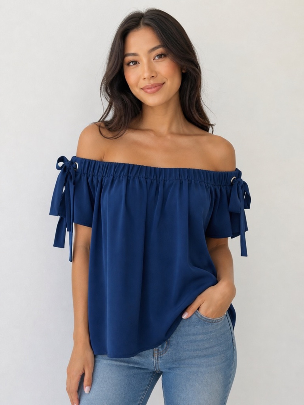 Sugar Lips Off-The-Shoulder Blue Blouse | Tie Sleeve Top | Flowy Chic Size S